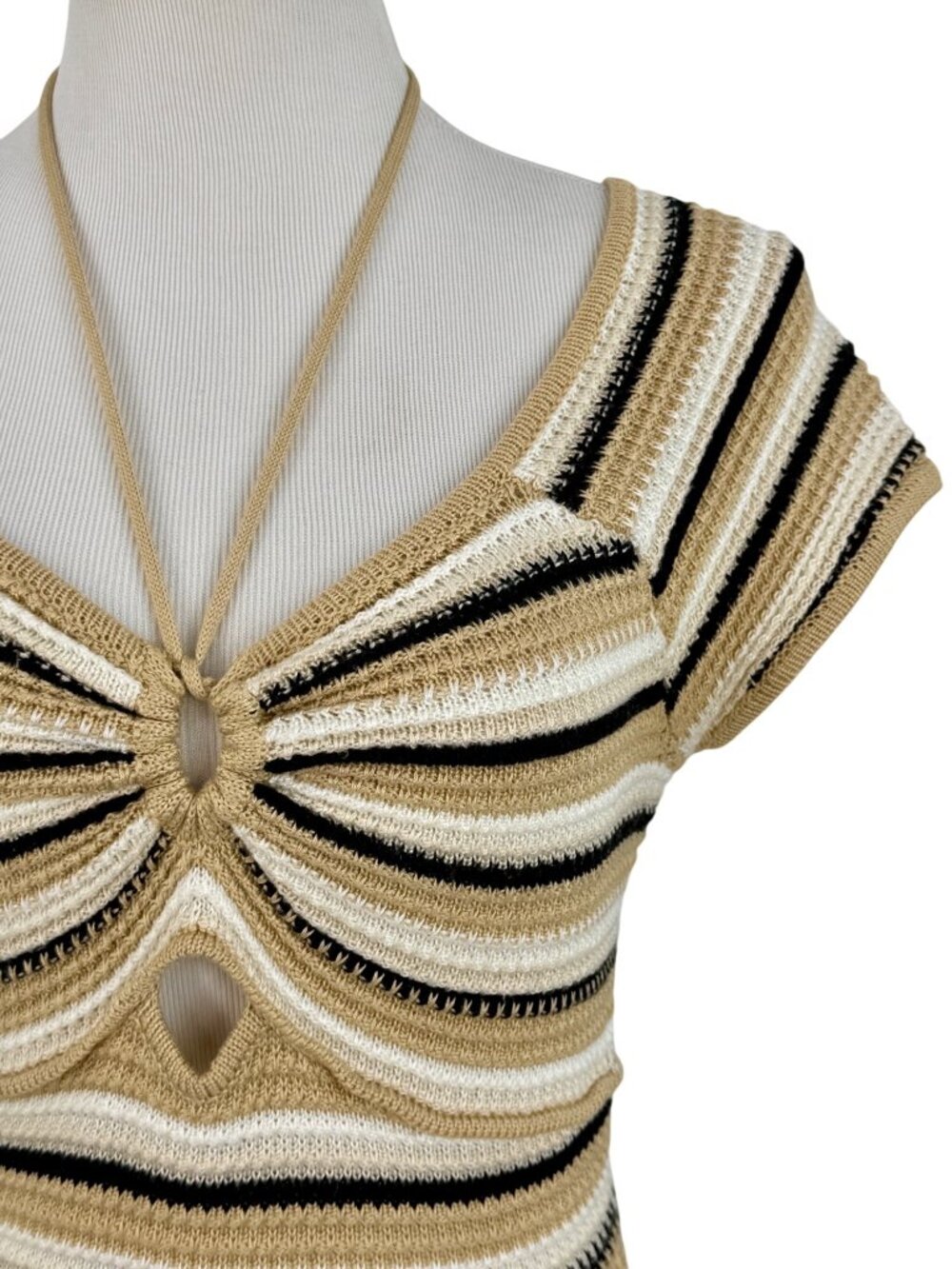 Madden NYC Crochet Knit Neutral Striped Mini Dress M| Coastal Cowgirl Boho Indie - Picture 3 of 16
